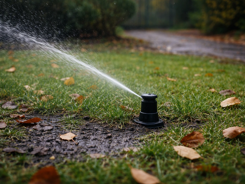 Arroseur sur une pelouse humide d’octobre, jet d’eau et arrière-plan sous pluie fine.