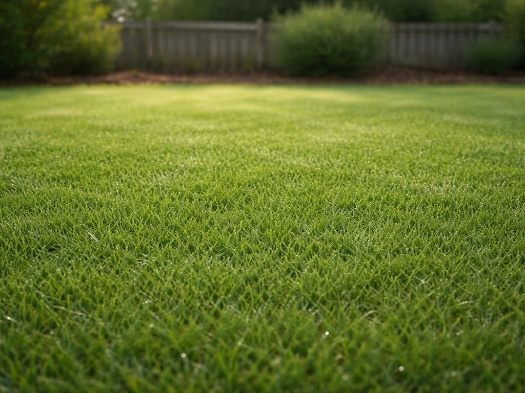 Pelouse dense et homogène, herbe très courte et fraîche, vue au ras du sol.