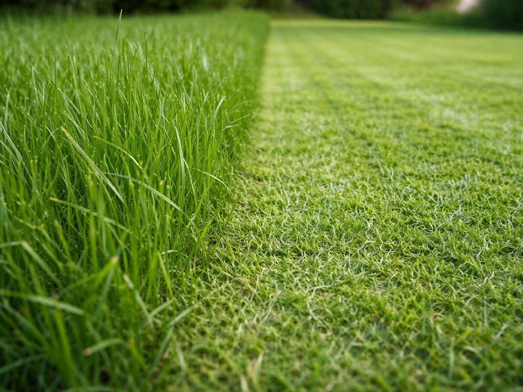 Avant/après : même zone de pelouse, herbe haute puis tonte sans couper plus d’un tiers.