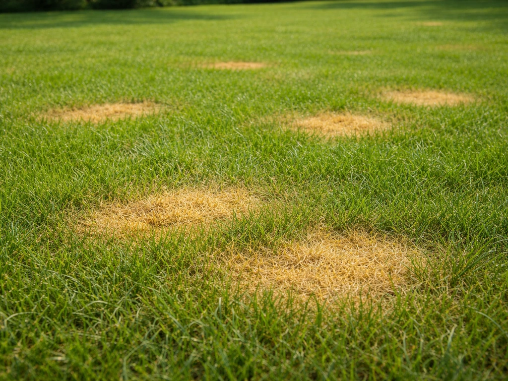 Gazon vert avec plusieurs taches jaunes arrondies, typiques d’une brûlure par urine.