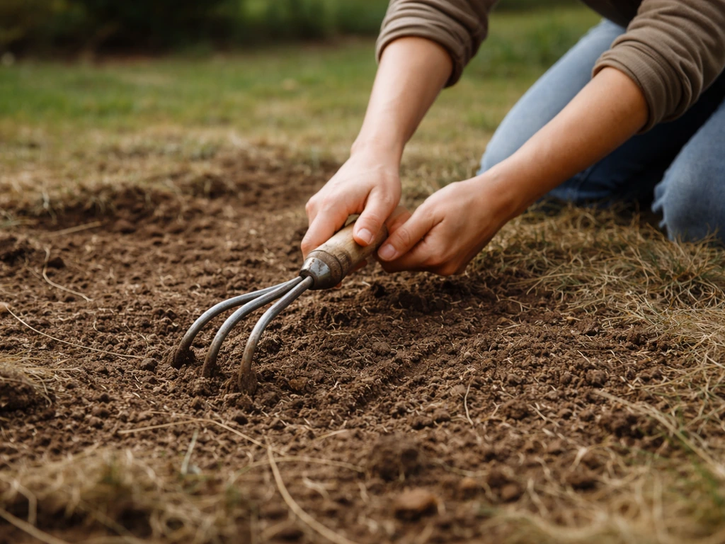 Main tenant une griffe à main qui gratte légèrement une zone de terre pour aérer et scarifier le sol.