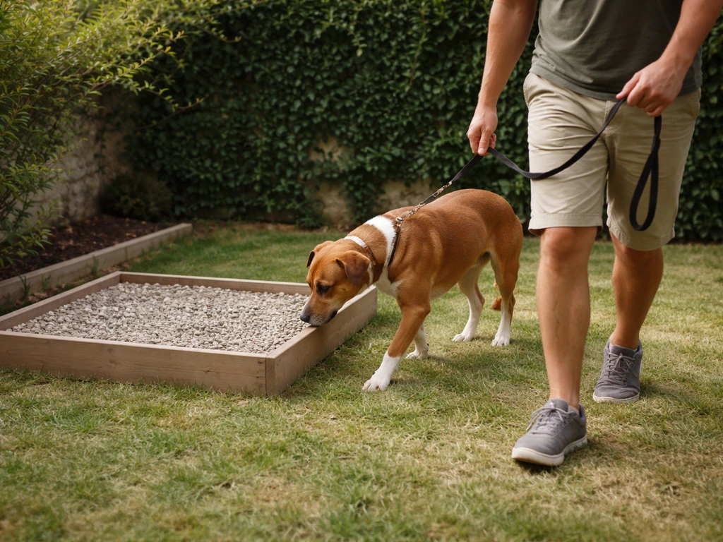 Un chien conduit par une laisse vers un coin de jardin avec graviers/litière extérieure dédiée pour uriner.