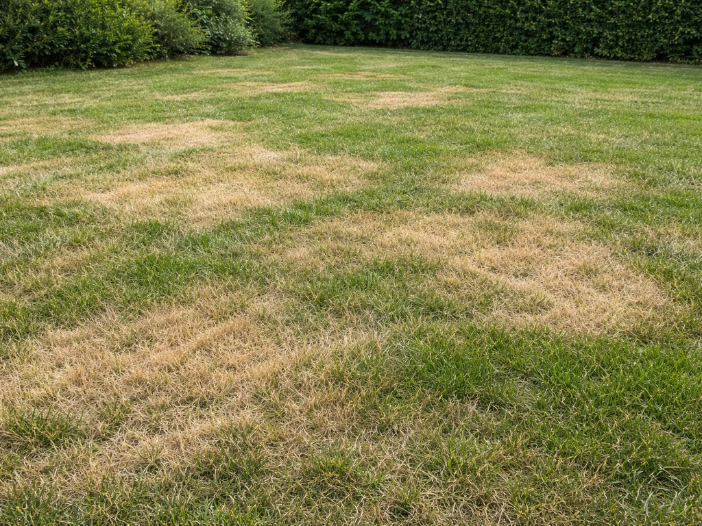 Pelouse avec plaques de gazon jaunies et zones encore vertes, vue d’ensemble au jardin.
