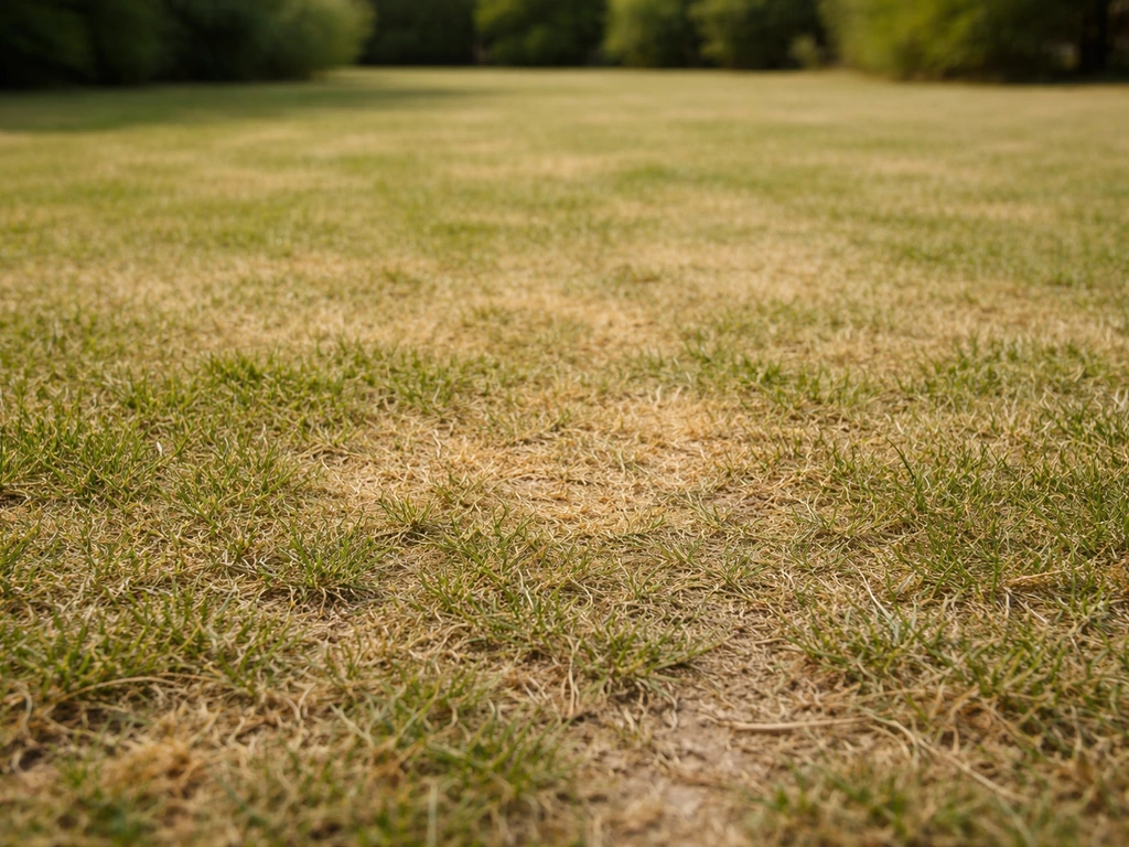 Pelouse tondu trop ras : brins très courts, sol visible et zone jaunâtre sèche.