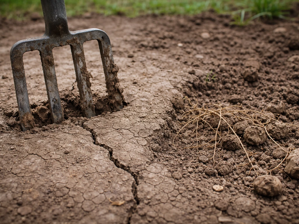 Gros plan d’une parcelle de terre compactée avec une croûte et des traces d’enracinement difficile.