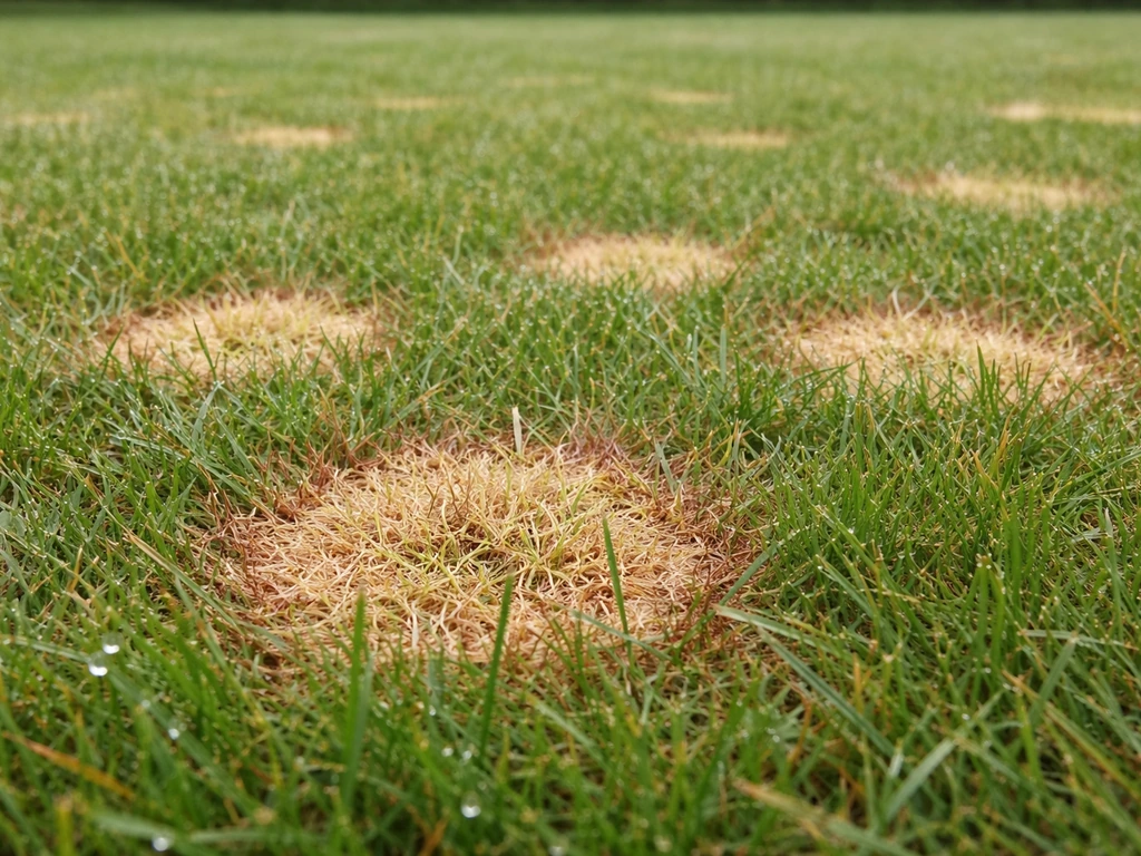 Gazon au ras du sol : petites taches rondes jaune paille à bordure rougeâtre, effet dollar spot.