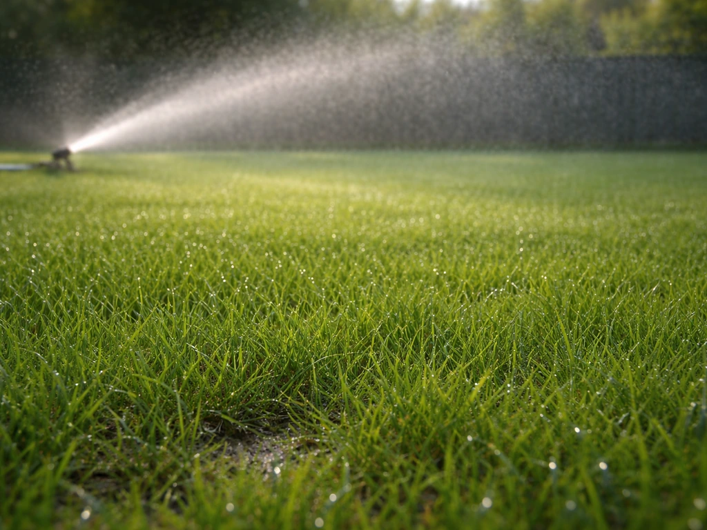 Pelouse arrosée uniformément : gouttes et humidité au sol, herbe verte homogène après arrosage profond.