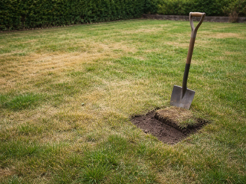 Pelouse française terne avec zones jaunies, jardin domestique calme, repère visuel léger près d’une zone à diagnostiquer