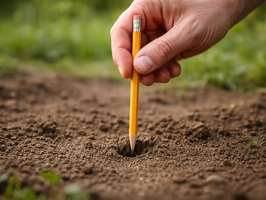 Une main enfonce un crayon dans la terre d’un jardin pour tester la compacité du sol.