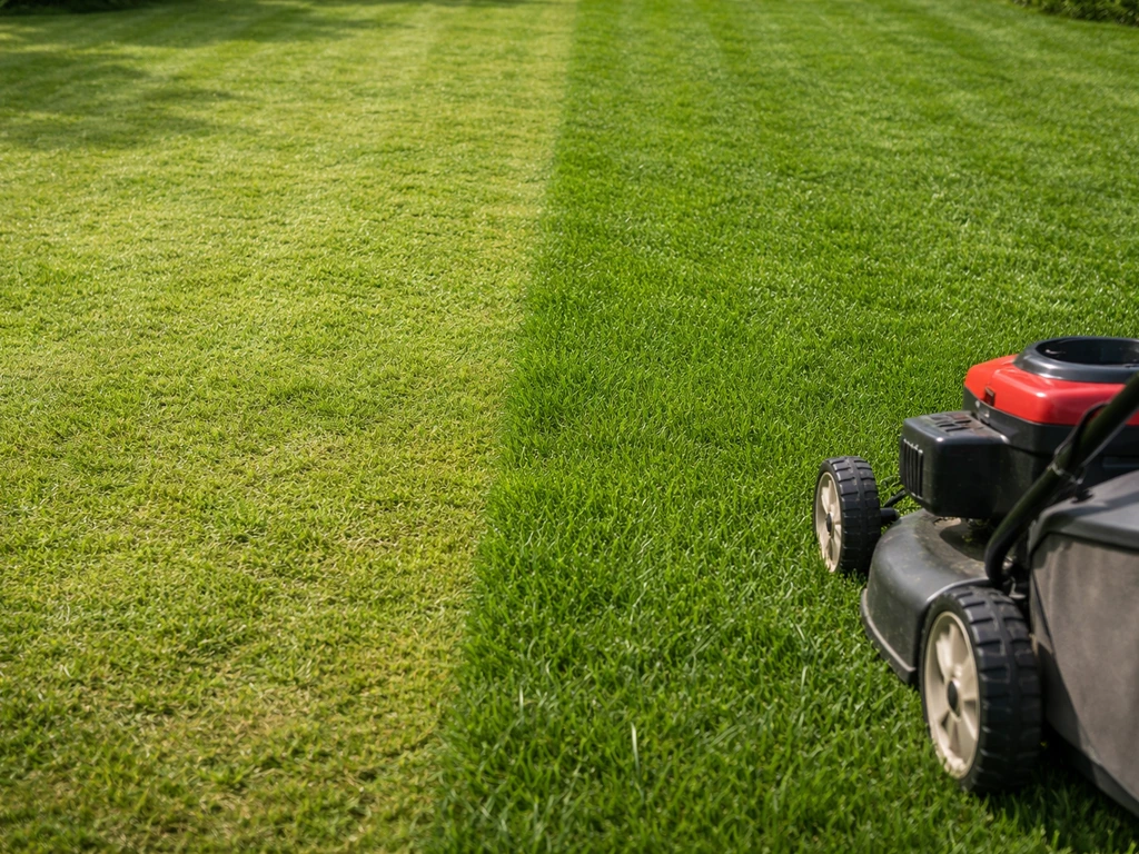 Pelouse tondue trop rase à côté d’une coupe correcte, montrant la différence de densité et de brins d’herbe.
