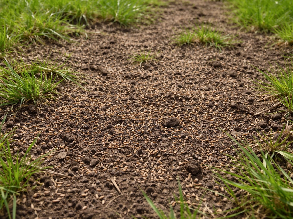 Pelouse scarifiée au sol griffé avec graines de sur-semis fraîchement répandues, vue rapprochée avant rebouchage.