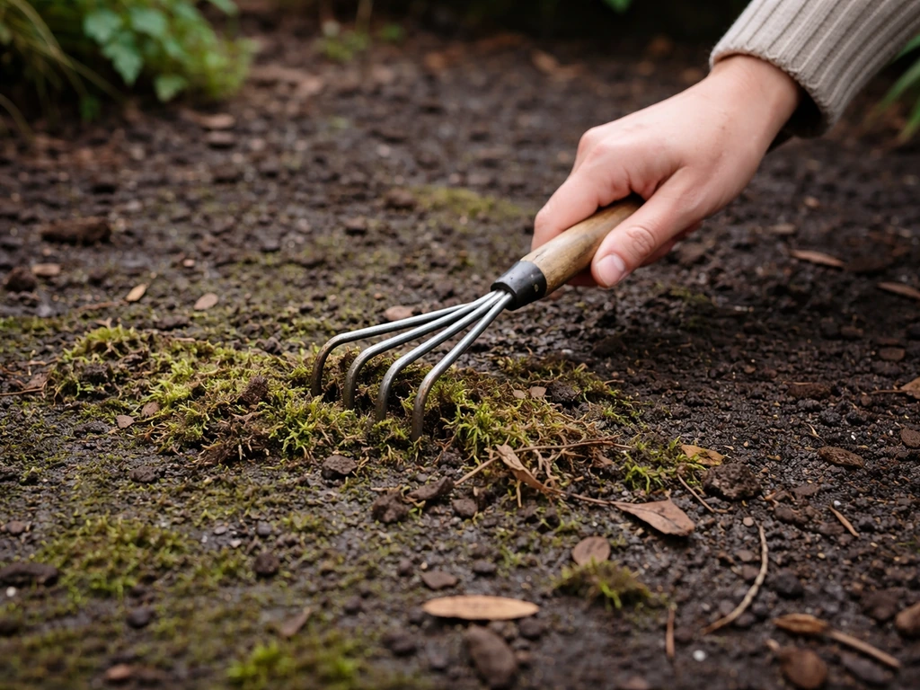 Main anonyme ratissant une zone noircie, enlevant mousse et débris sur un sol humide du jardin.