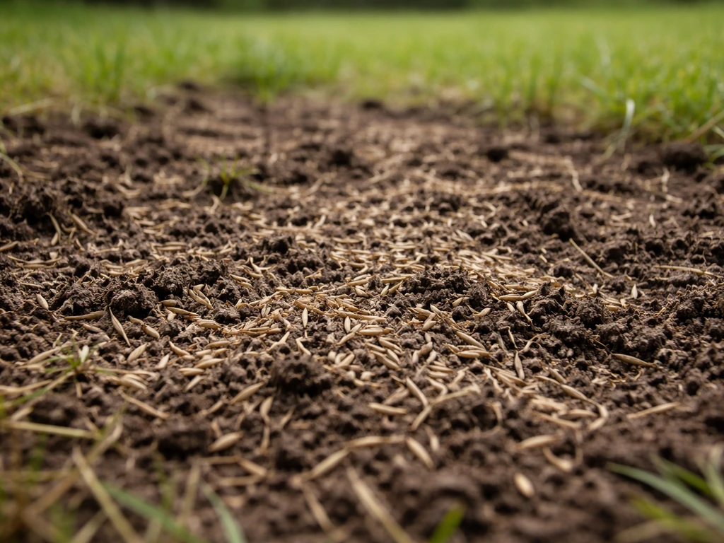 Graines de gazon tombées sur sol scarifié, contact terre-graine, dans un jardin au printemps.