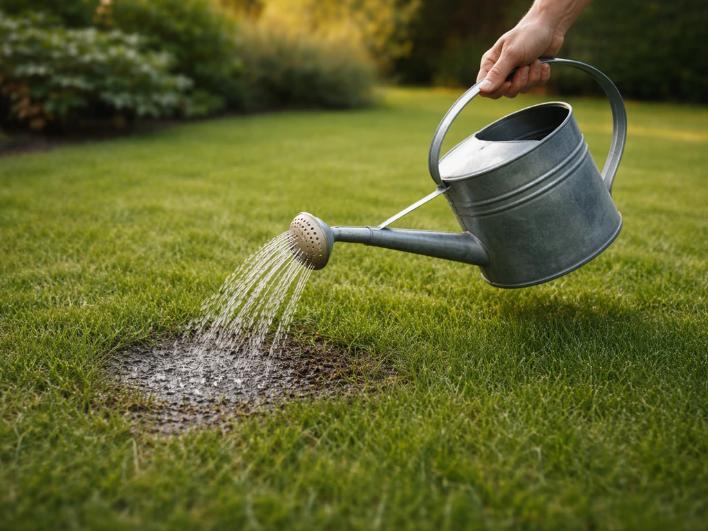 Main anonyme arrosant une pelouse : arrosage profond autour de l’herbe, sol qui s’humidifie en profondeur.