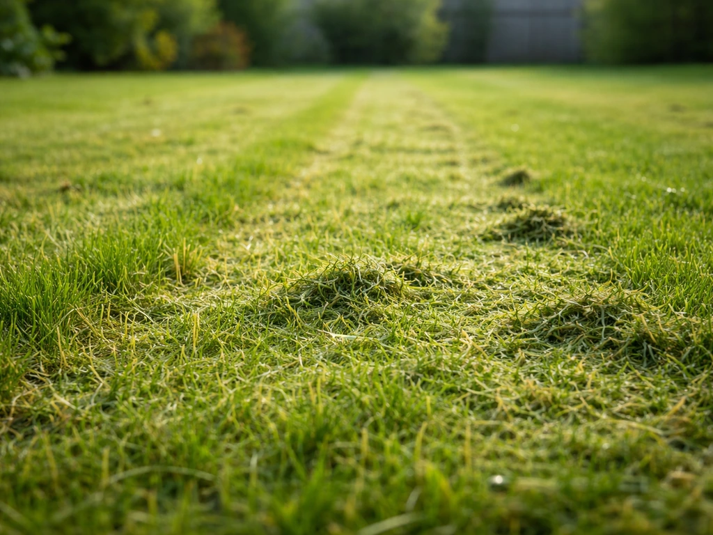 Pelouse fraîchement tondue avec herbe jaunie visible juste après le passage de la tondeuse, herbe coupée au sol.