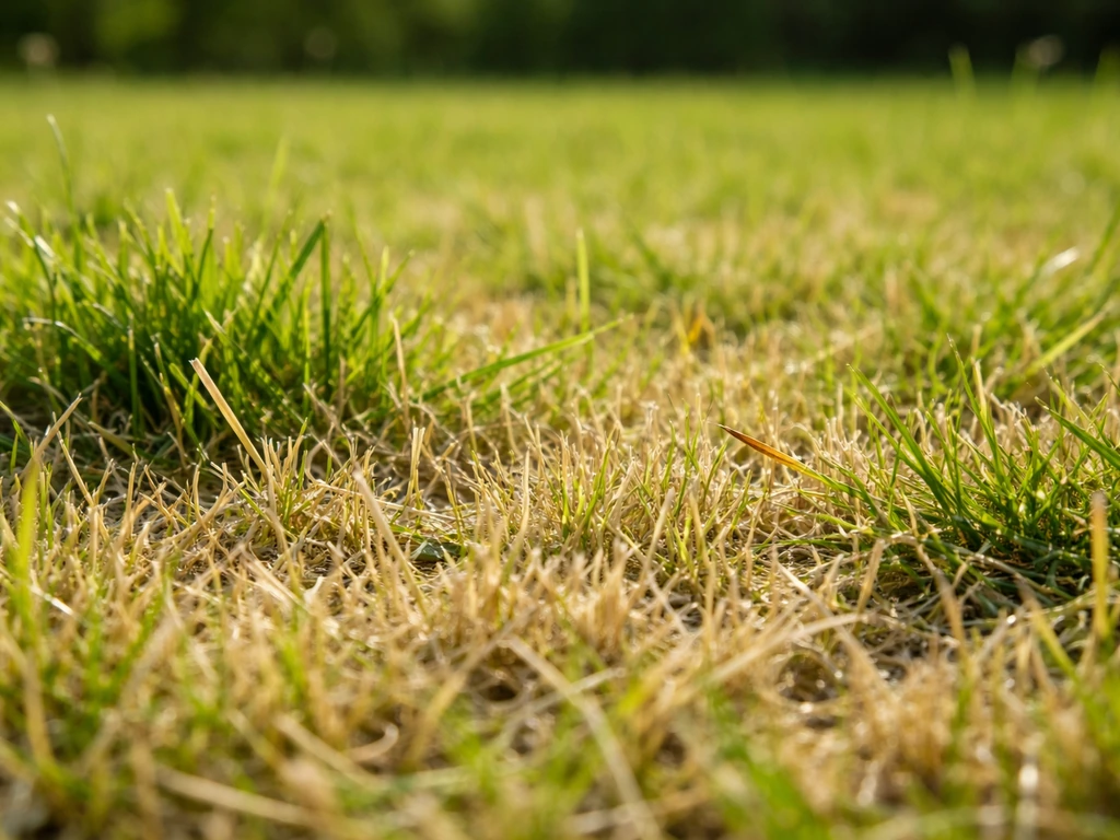 Gros plan de brins d’herbe très courts et jaunis après une tonte trop basse, avec quelques zones plus vertes.