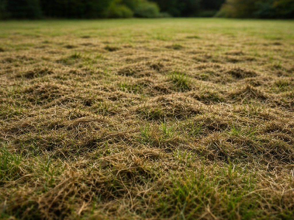 Gazon après tonte avec une couche compacte de résidus de tonte en surface, empêchant la reprise.