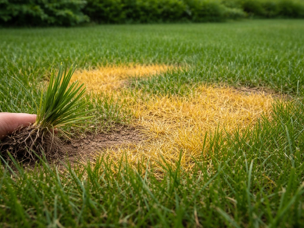 Gazon jaune vif par plaques nettes, brins prélevés près du sol, lumière naturelle.