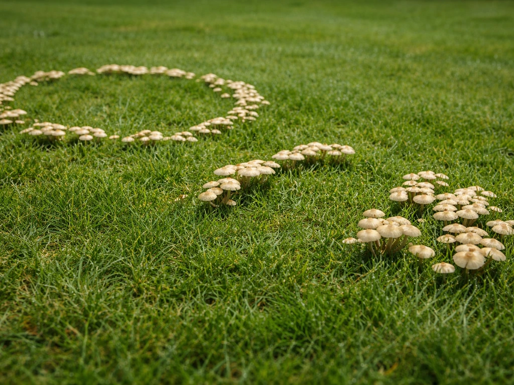Gros plan sur une pelouse avec différents types de champignons : anneaux et zones irrégulières