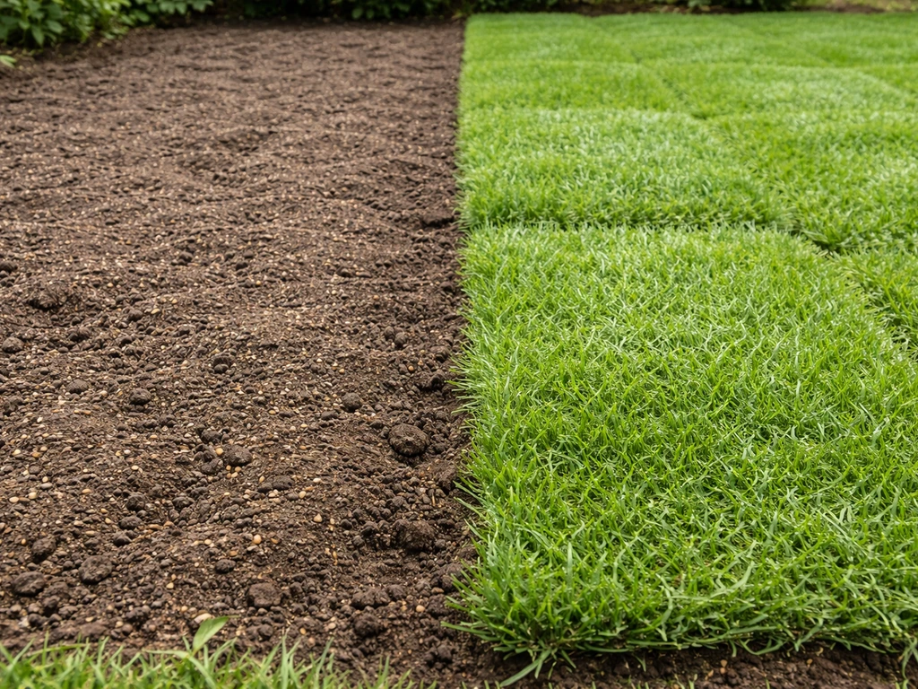 Comparaison côte à côte : semis dans la terre ratissée à gauche et rouleau de gazon vert posé à droite.