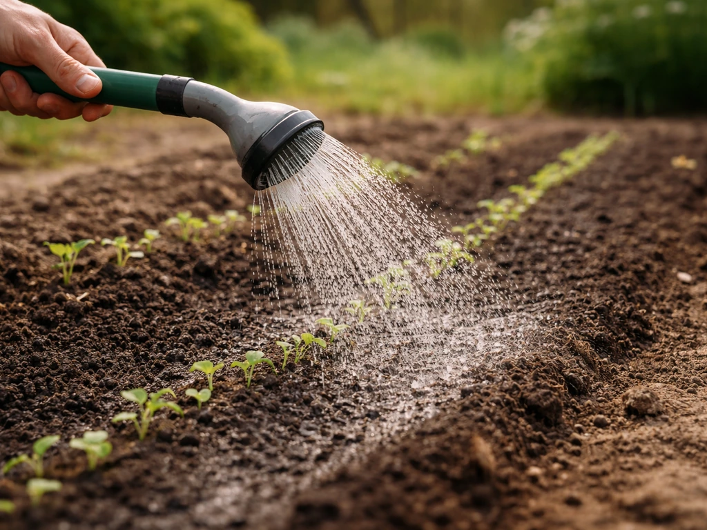 Petit jardin : arrosage en pluie fine sur une zone fraîchement semée, jeunes pousses en arrière-plan.