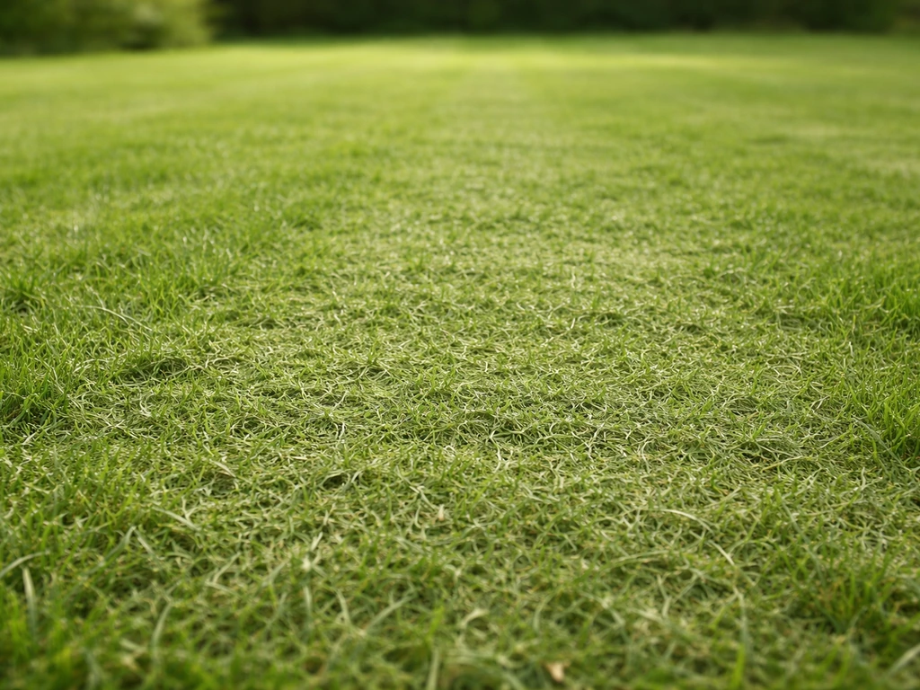 Pelouse fraîchement tondue en mulching, fines herbes broyées retombant au sol, aspect paillis naturel.