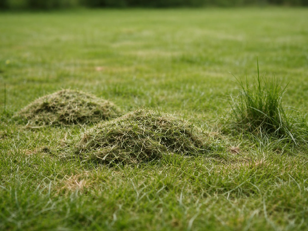 Fragments d’herbe regroupés et zones jaunies sur une pelouse, suggérant un feutrage après une tonte ratée.