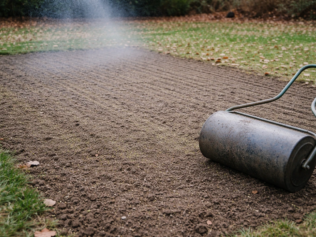 Gazon d’hiver en semis : terre préparée, rouleau et arrosage léger dans un jardin frais d’automne/hiver.