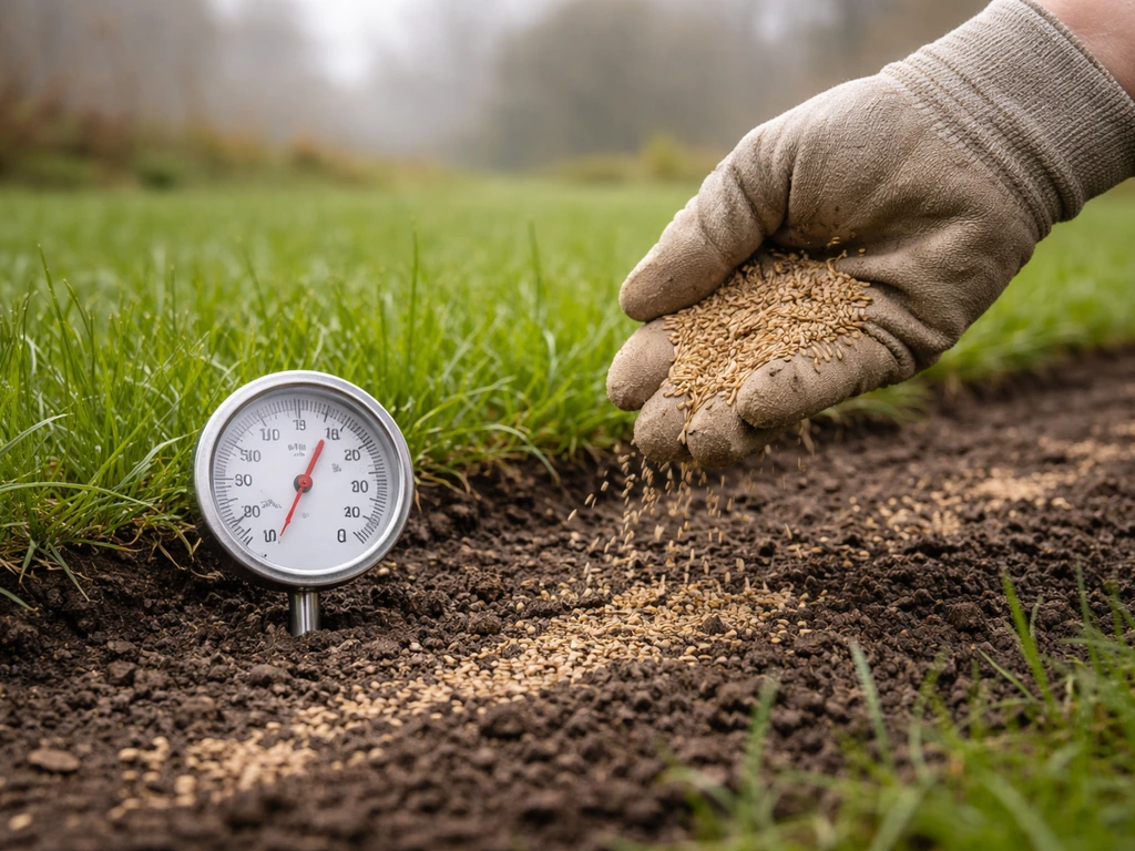 Un semis de gazon avec thermomètre au sol dans un jardin frais, sol non gelé, ciel gris.