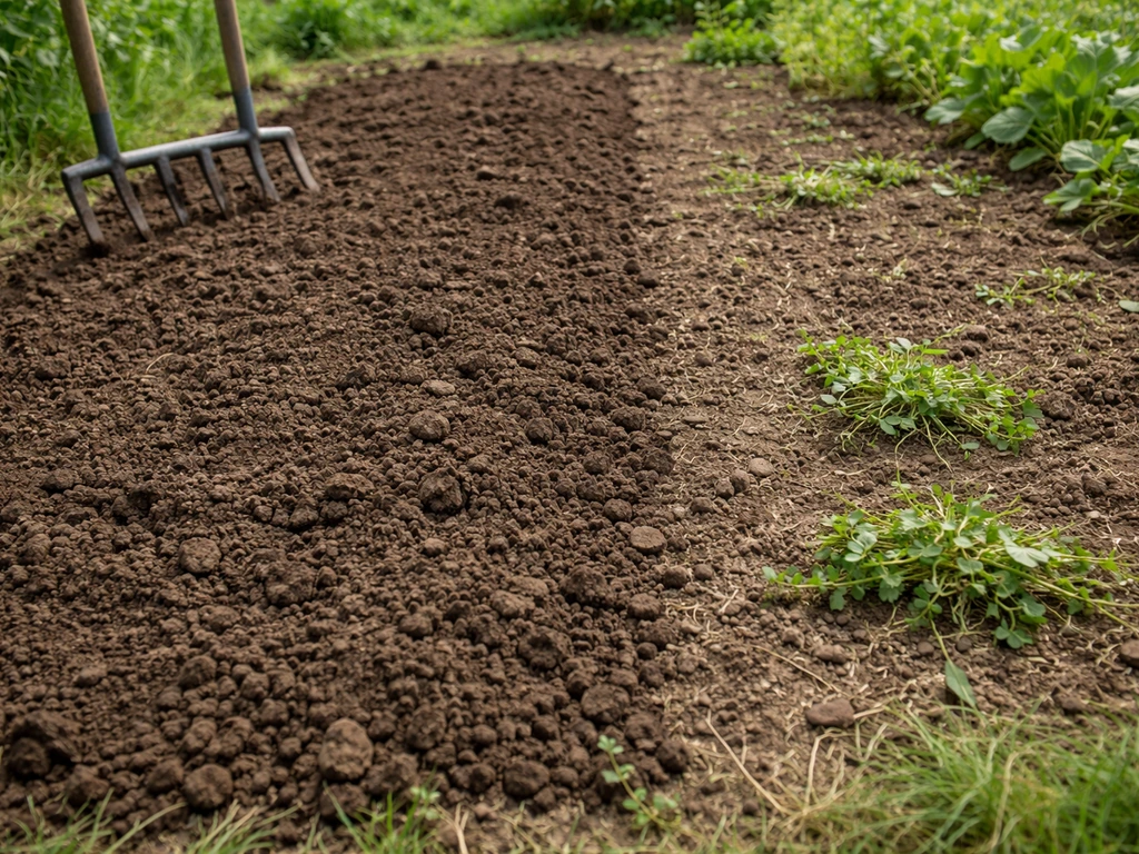 Comparaison avant/après : sol ameubli et désherbé à côté d’une zone encore compacte avec quelques mauvaises herbes.