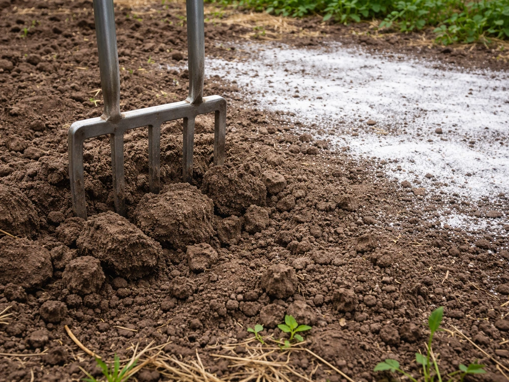 Grelinette enfoncée dans un sol compacté, avec épandage de chaux agricole blanche en surface près du potager