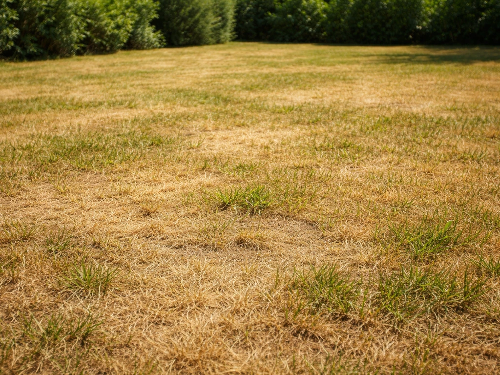 Pelouse en plein soleil avec zones jaunies et brins desséchés, effet de sécheresse visible au sol.