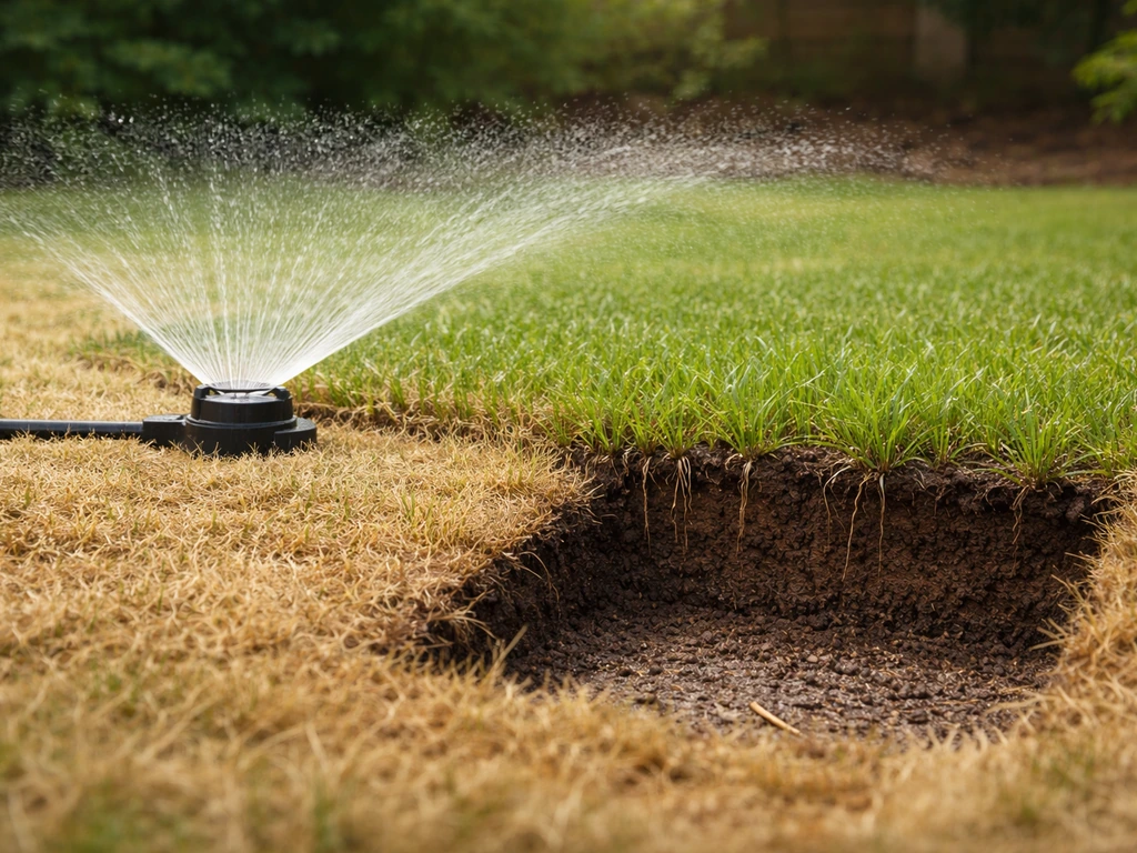 Arroseur de jardin arrosant une pelouse en plein soleil, terre humidifiée en profondeur, sol foncé autour.