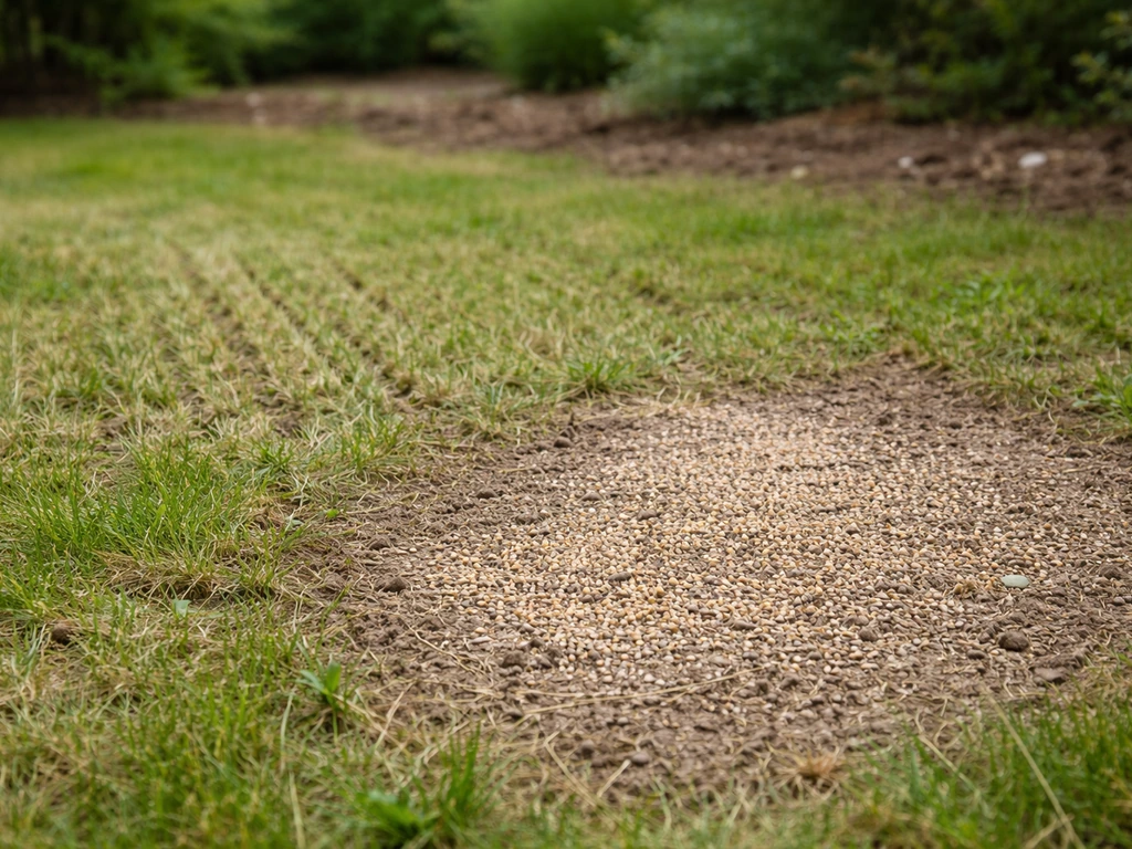 Zone de pelouse clairesemée : graines de sursemis et traces fines de scarification/aération dans l’herbe.