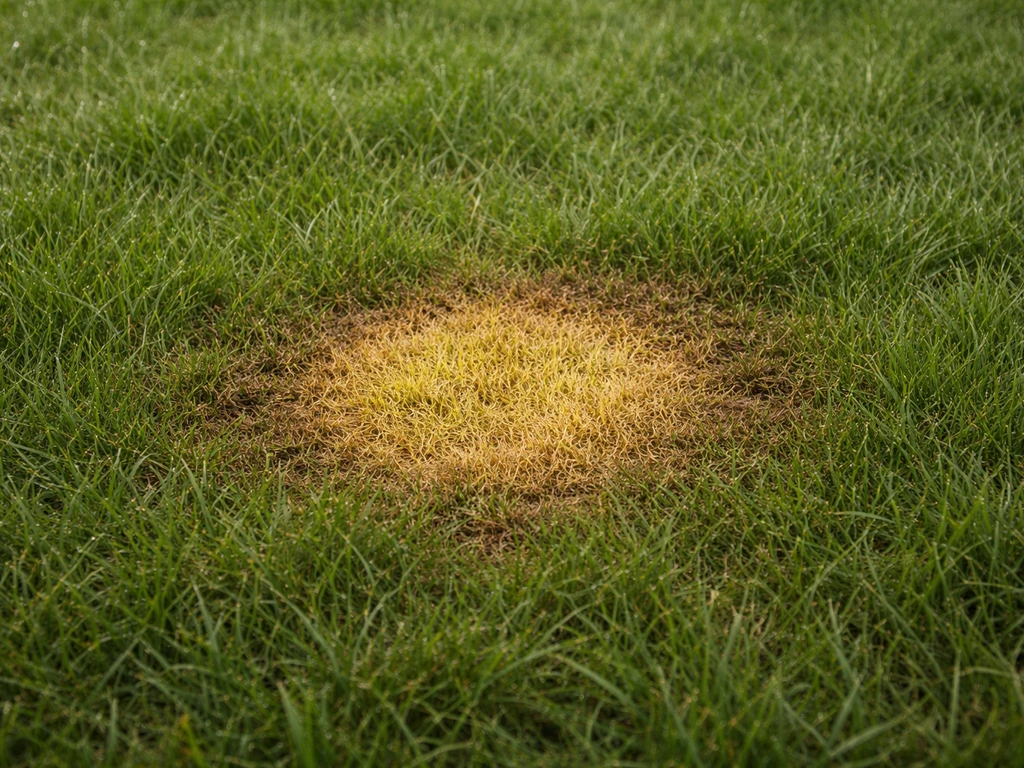 Gros plan d’une tache jaune nette sur la pelouse, à l’endroit où un chien urine souvent