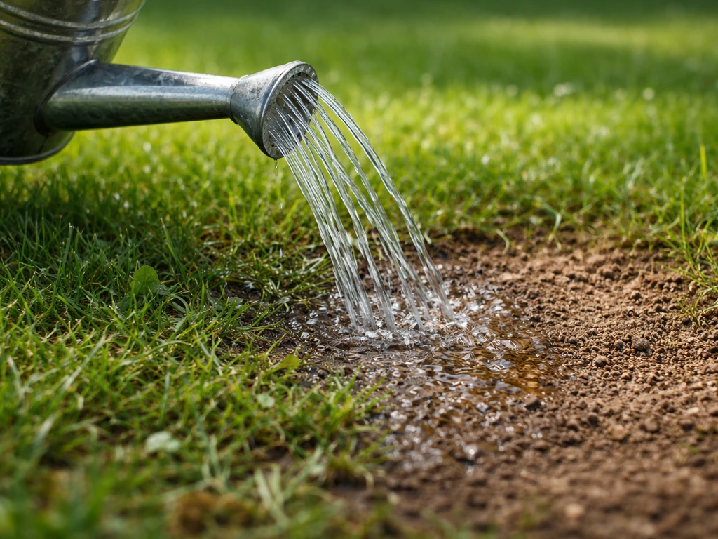 Gros plan : un filet d’eau d’un arrosoir s’infiltre dans l’herbe et le sol, montrant la dilution locale.