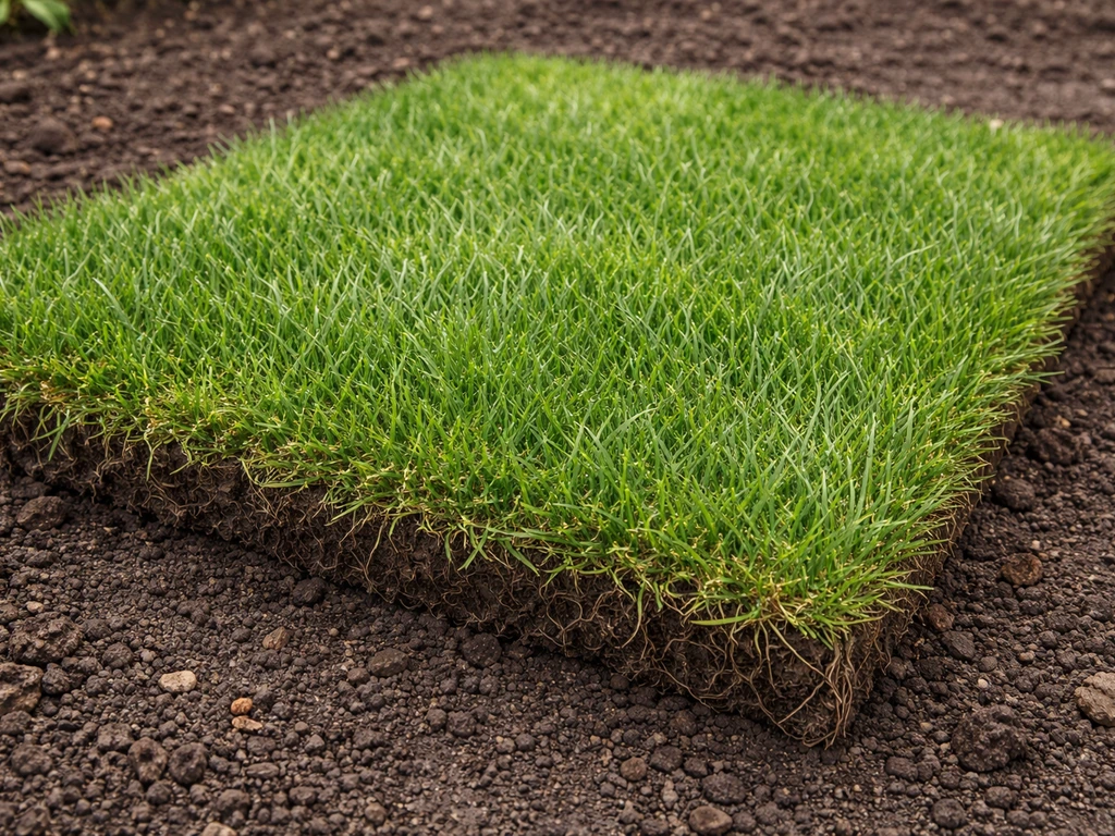 Échantillon de gazon dense en plaques, ray-grass et fétuque, texture verte détaillée au sol.
