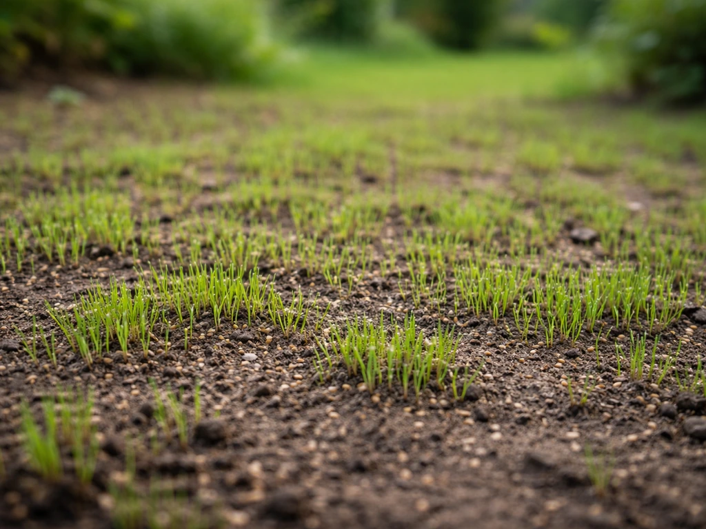 Pelouse fraîchement semée avec sol nu et premières pousses vertes sortant, sur fond jardin