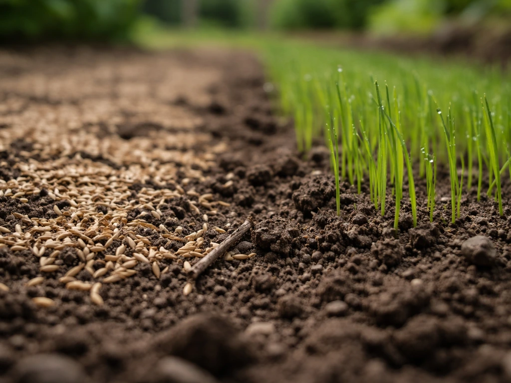 Semis de gazon dans un jardin, quelques premières pousses vertes sortant de la terre.