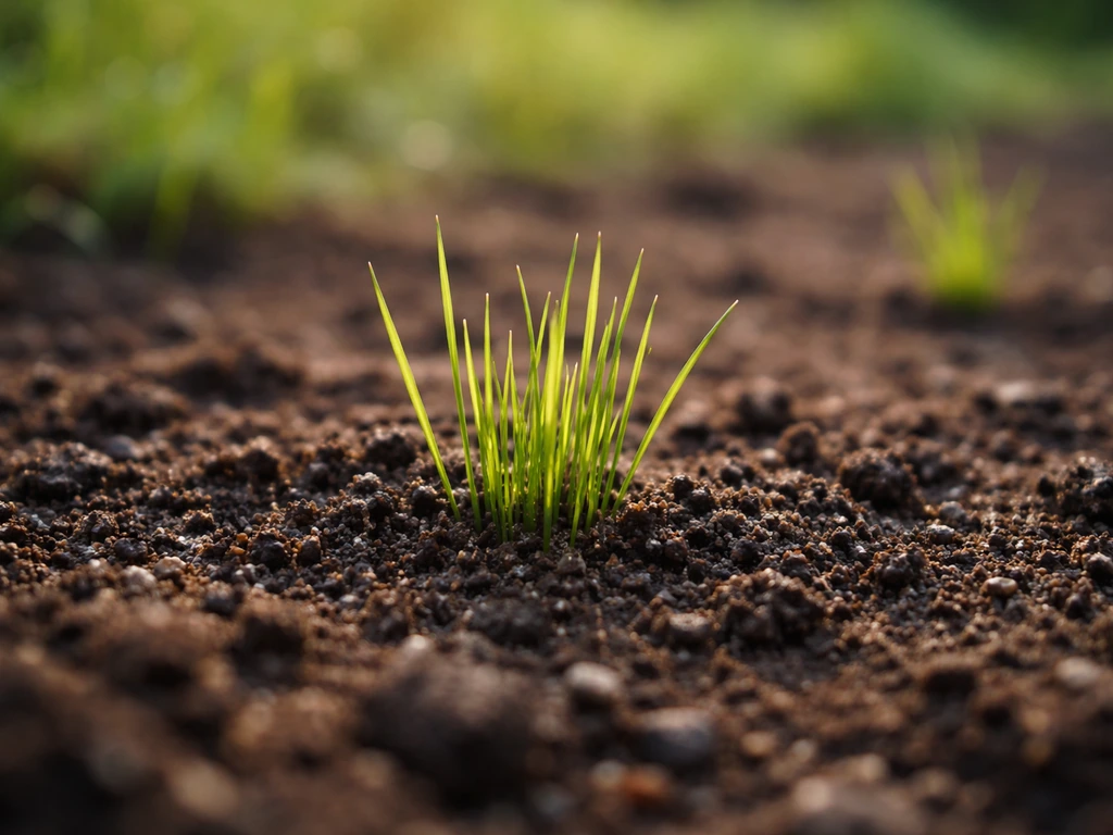 Petit semis de graminées vertes sur sol préparé, avec une ambiance de jardinage pour illustrer des délais de levée.