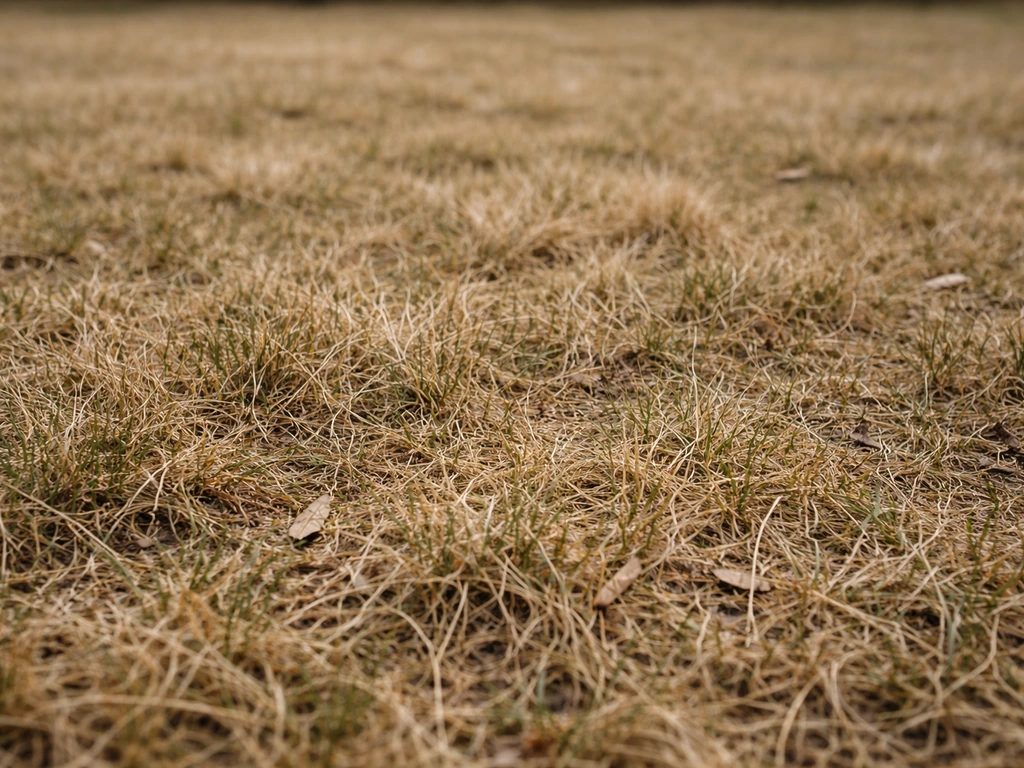 Pelouse au sortir de l’hiver avec brins jaunis, zones ternes et petits débris organiques au sol.
