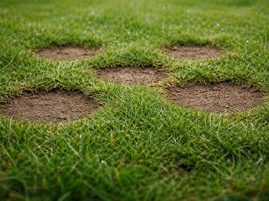Gros plan sur une pelouse avec des plaques circulaires et des brins d’herbe plus décrochés aux bordures.