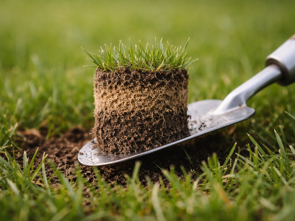 Prélèvement de sol avec une carotte de matière montrant une couche spongieuse beige-brun entre brins verts.