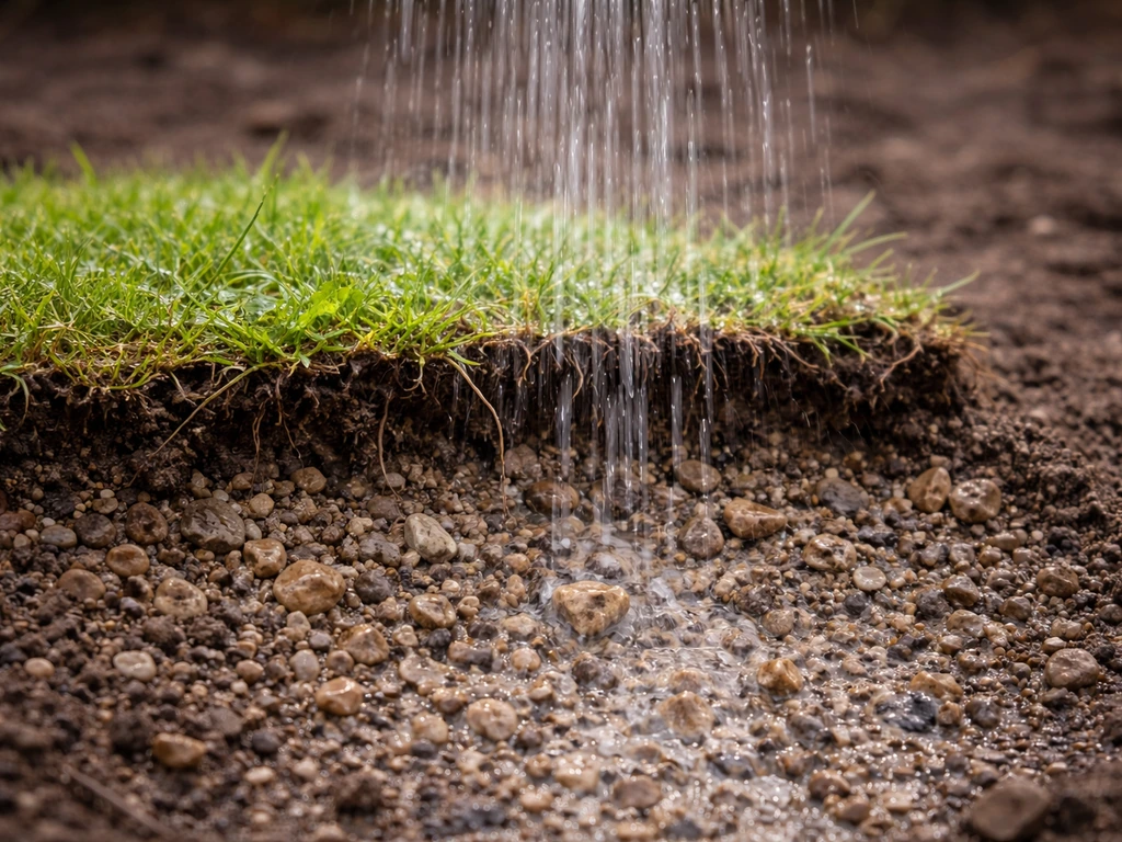 Gazon au premier plan et sol minéral graveleux montrant l’eau qui s’écoule entre les pierres