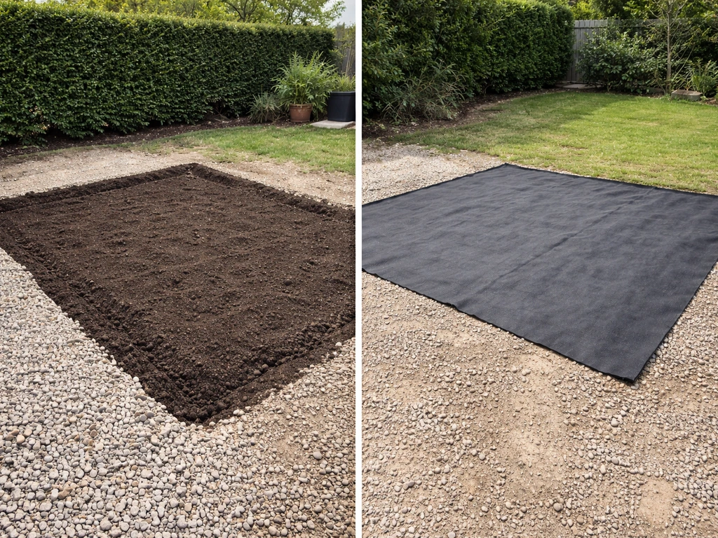 Vue côte à côte : zone décaissée prête à recevoir de la terre vs membrane géotextile sur sol minéral