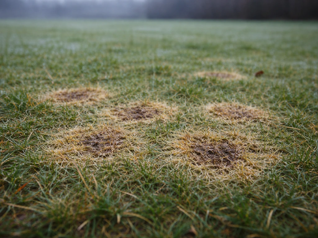 Pelouse de jardin en hiver humide avec taches circulaires jaunies puis brunies typiques de la fusariose.