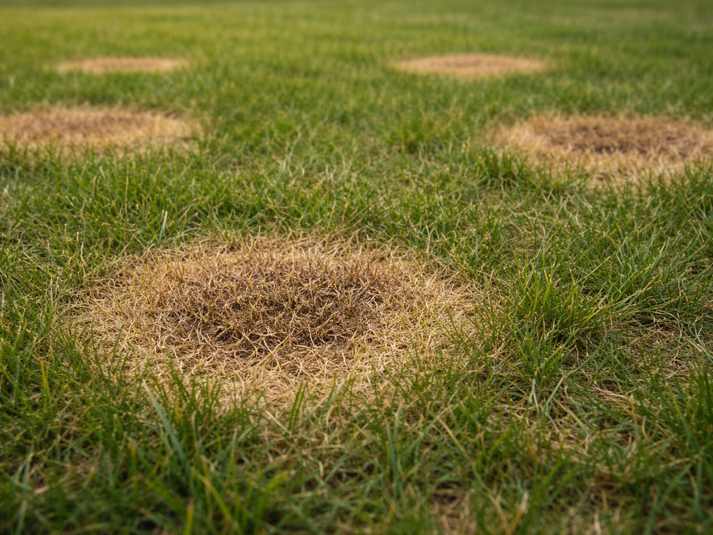 Gazon en hiver avec taches rondes bien délimitées : jaunissement puis brunissement sur 10 à 20 cm.