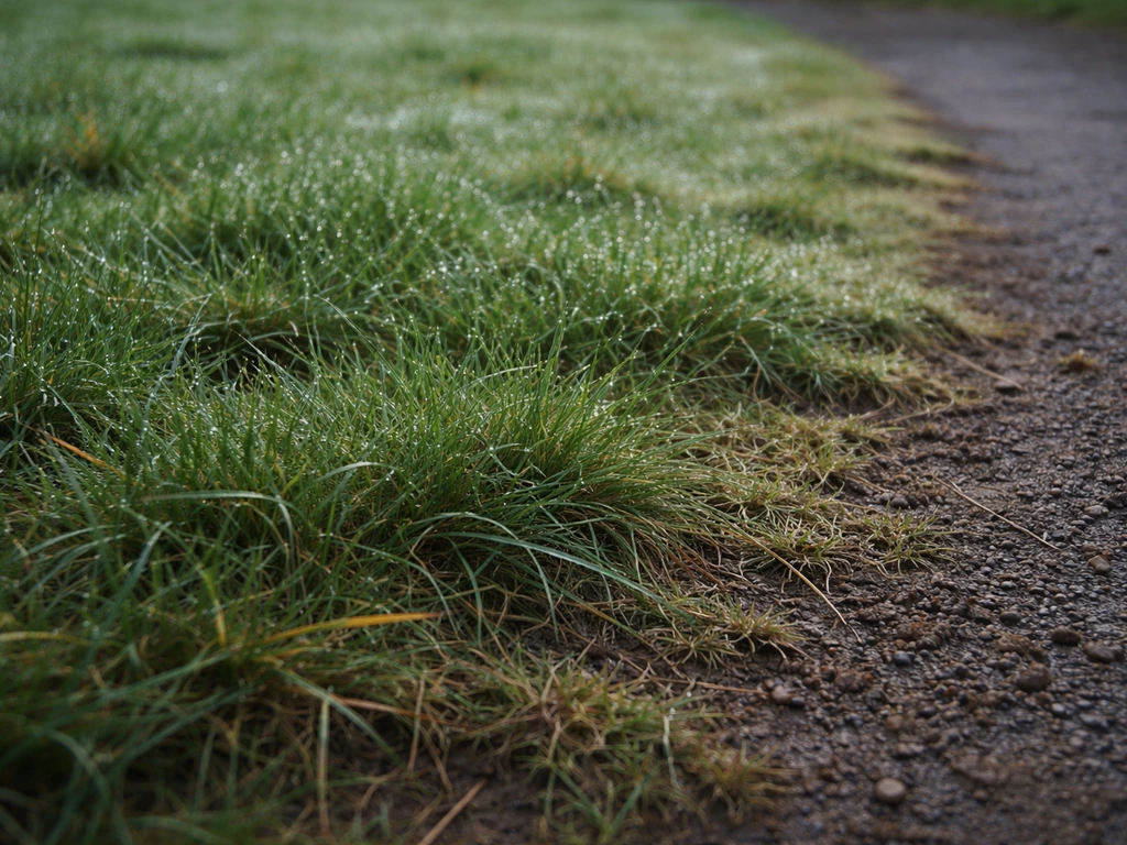 Pelouse froide et humide couverte de rosée, avec une zone tassée et stressée.