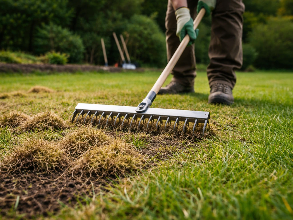 Râteau à scarifier sur pelouse, chaume relevé après le passage, jardin en fin de journée.