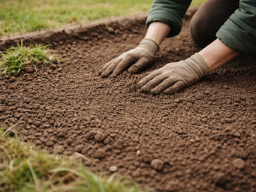 Mains désherbant et sol finement émietté dans une parcelle prête pour le semis, jardin au calme.